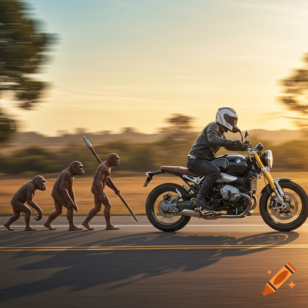 Evolution from ape to human, with a motorcyclist on a black BMW bike on a road at sunset.