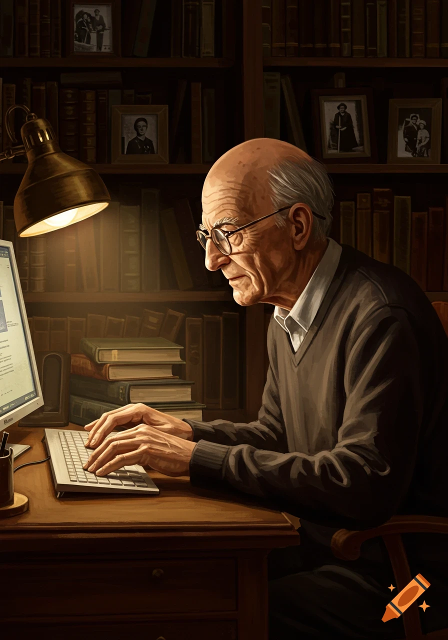 An old, bald man wearing glasses types on a computer keyboard at a desk, illuminated by a lamp, with bookshelves.