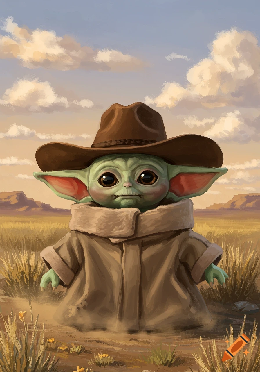 A cute Baby Yoda in a brown cowboy hat stands in a grassy desert landscape with mountains under a cloudy sky, digital art.
