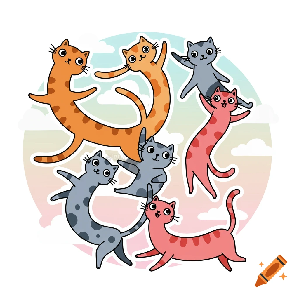 Cartoon sticker of seven long, angular cats in various colors and poses, floating against a pastel sky background with clouds.