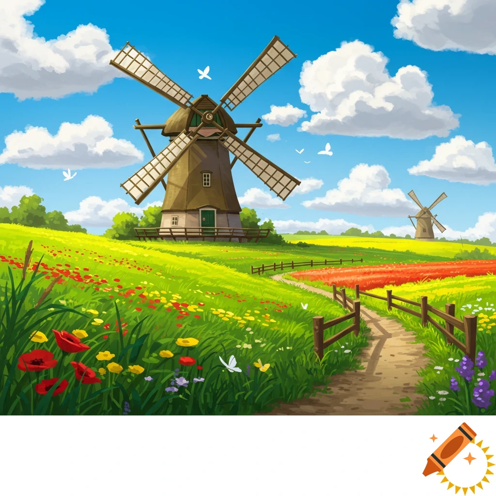 A vibrant illustration of a pastoral landscape with a large windmill in a field of green grass and colorful flowers, under a blue sky with fluffy white clouds. A dirt path winds through the field towards another distant windmill.