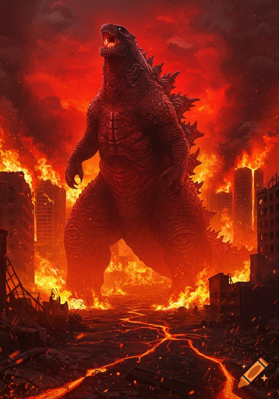 A massive, red-skinned Godzilla roars in a destroyed city engulfed by fire and flowing lava under a fiery red sky.