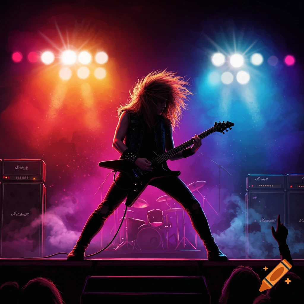 A long-haired metal guitarist performing on stage under red and blue spotlights, with Marshall amplifiers.