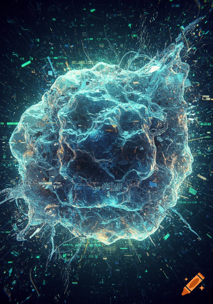 Abstract glowing blue organic-like mass with digital circuit elements in a dark, energetic background.