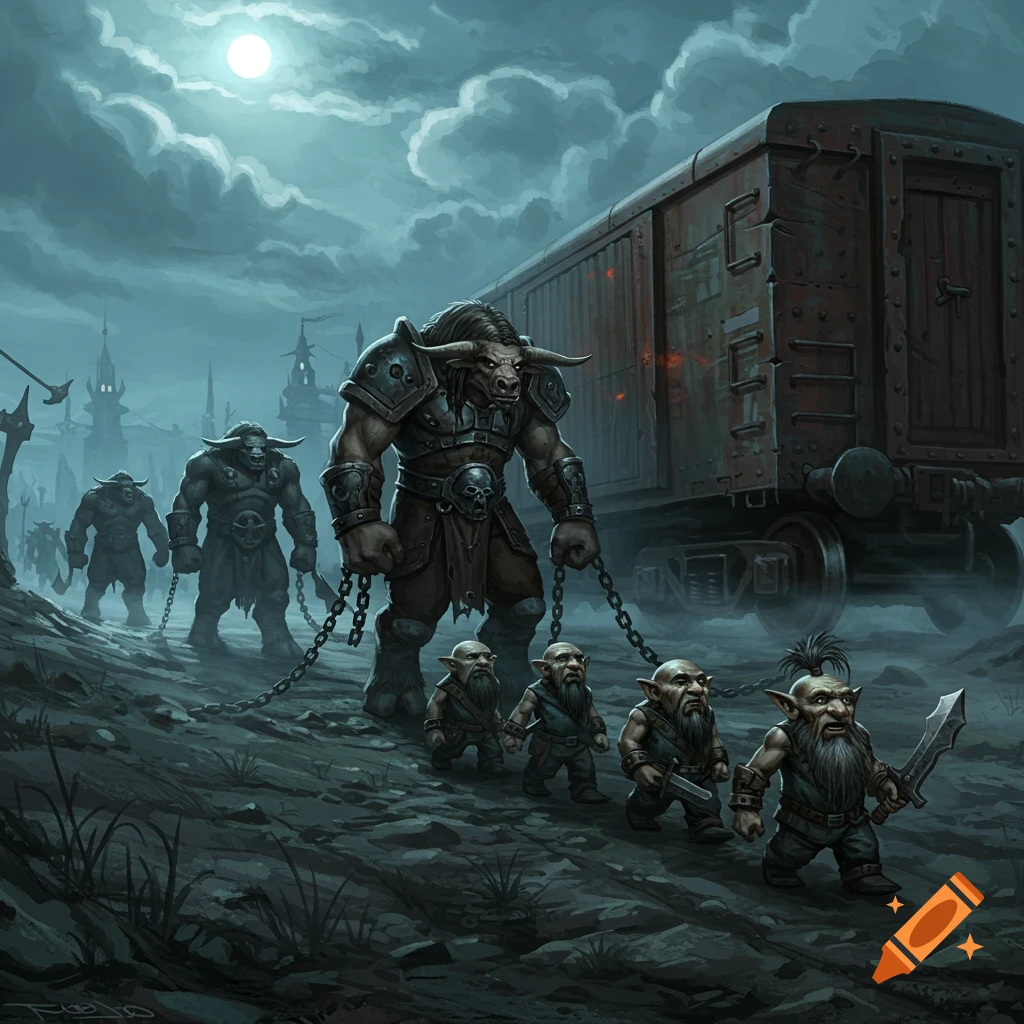 Dark fantasy illustration of armored minotaurs leading chained dwarves toward a train car under a full moon.