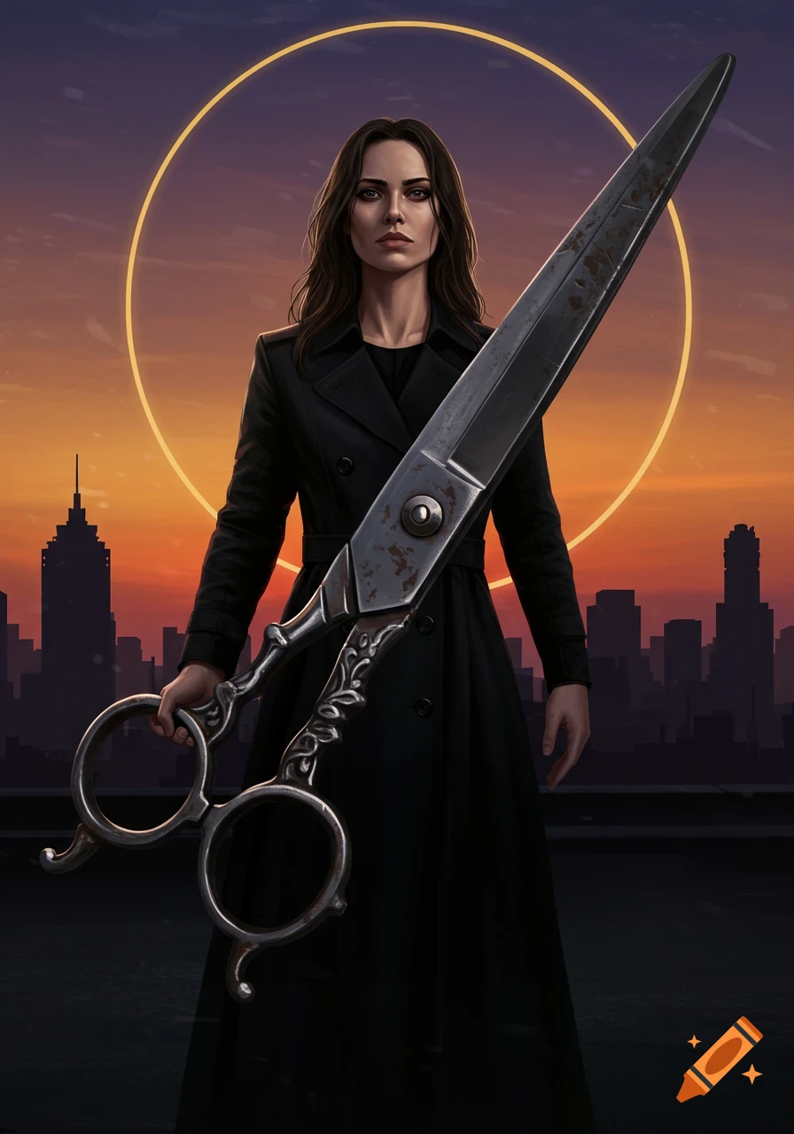 A woman in a black coat stands on a rooftop, holding giant scissors, against a sunset city skyline with a glowing ring.