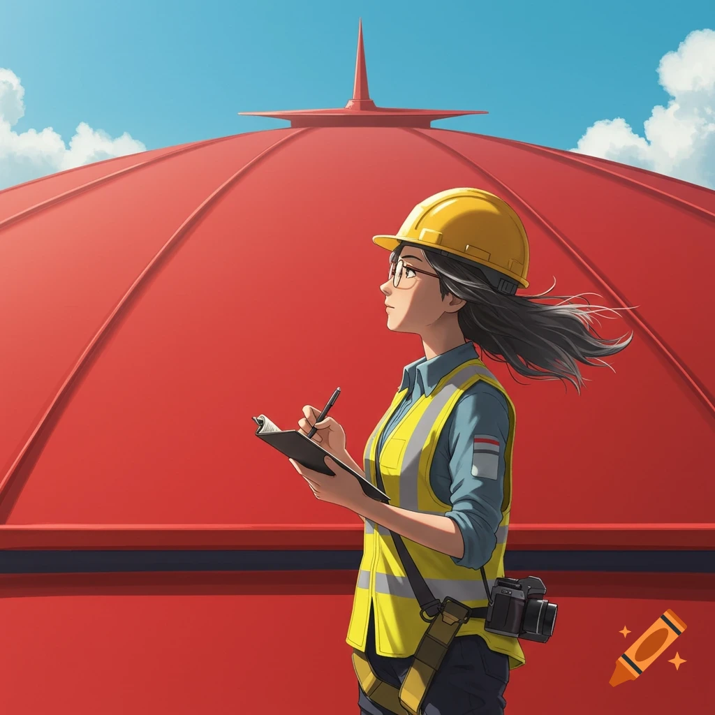 A Ghibli-style anime illustration of a female engineer in a hardhat and safety vest, writing on a notepad while inspecting a massive red domed roof under a blue sky.