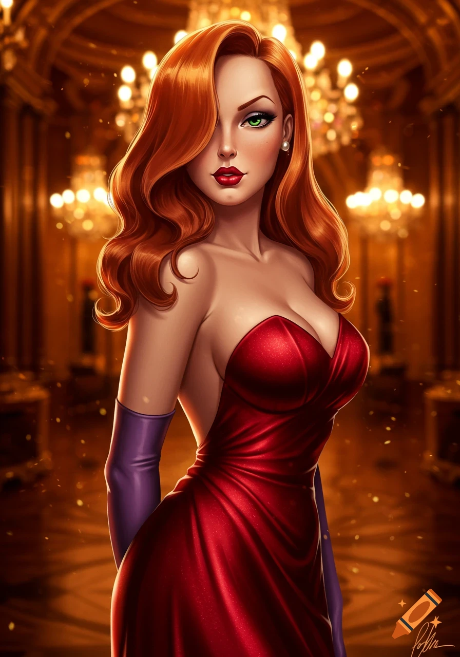 Stylized illustration of Jessica Rabbit in a sparkling red dress and purple gloves, standing in a lavish, warmly lit room.