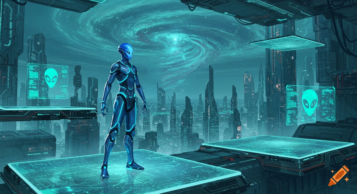 A blue alien in a sleek suit stands on a holographic platform in a glowing futuristic city under a swirling sky.