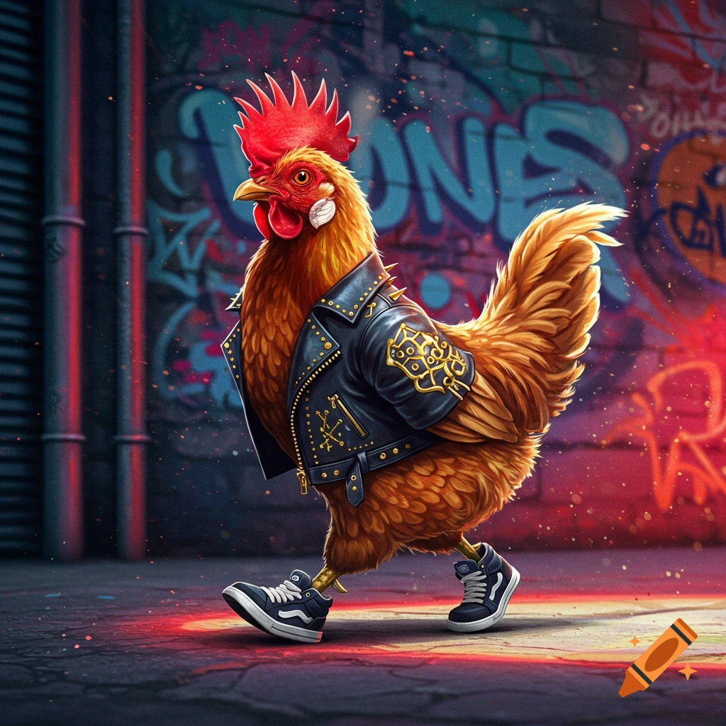 A stylized chicken wearing a black leather jacket and sneakers walks past a graffiti-covered wall in an urban setting.