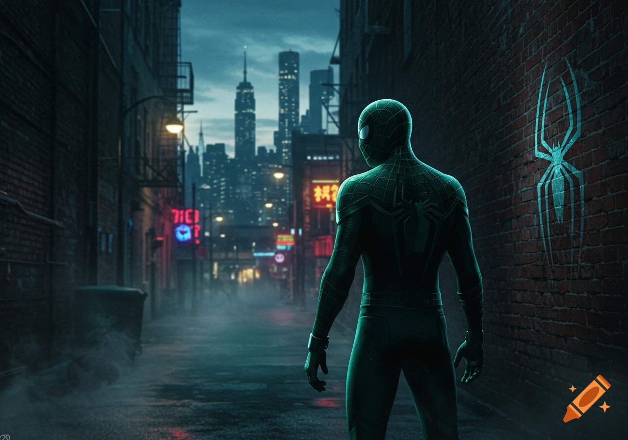 A shadowy Spider-Man in a green suit stands with his back to the viewer in a dimly lit alley, looking at a city skyline, with a glowing spider emblem on a brick wall.