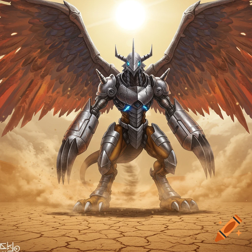 A powerful winged armored Metalgreymon stands in a cracked desert under a bright sun, detailed illustration.