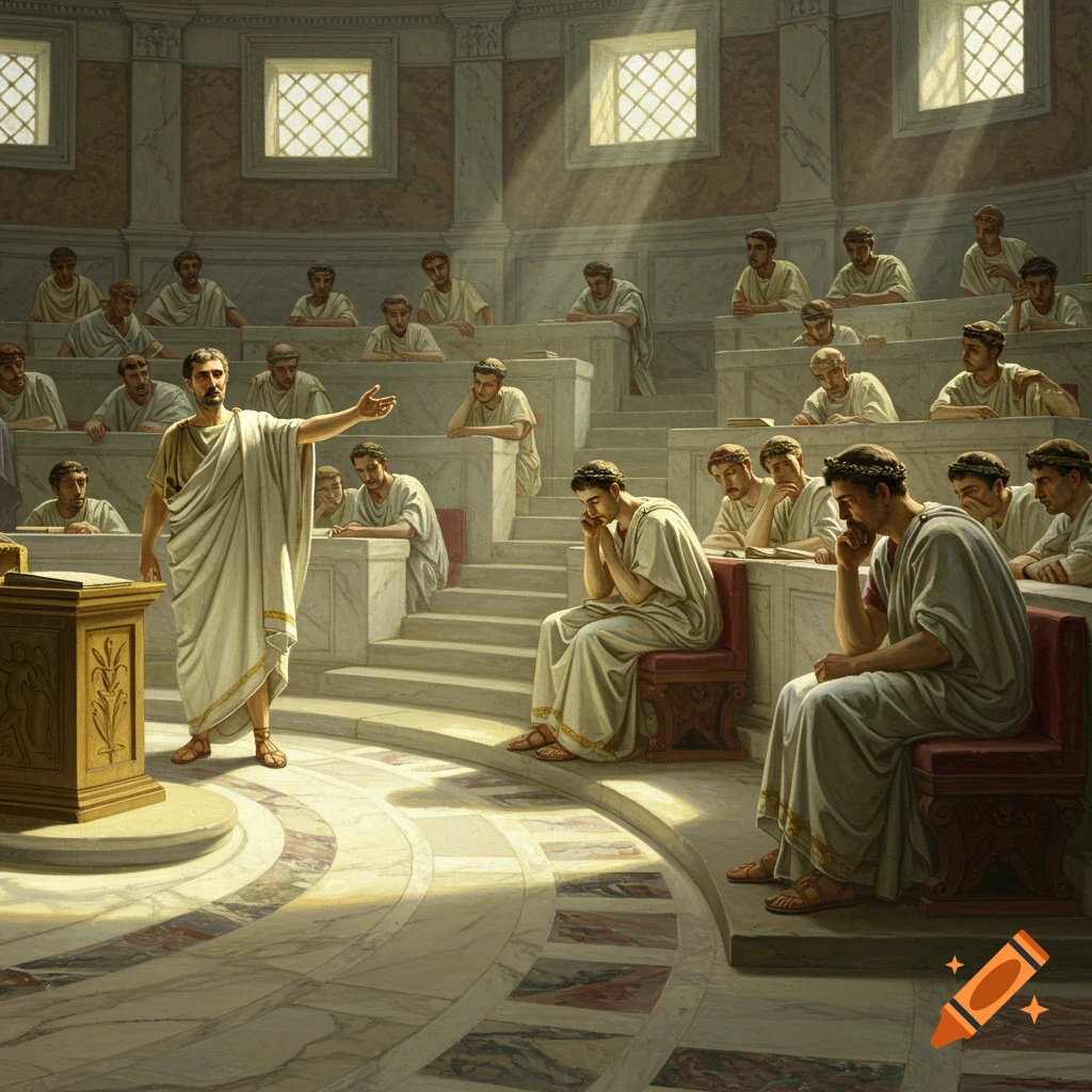 A Roman orator in a toga addresses senators in a marble chamber, sunlight streaming through windows, in an oil painting style.