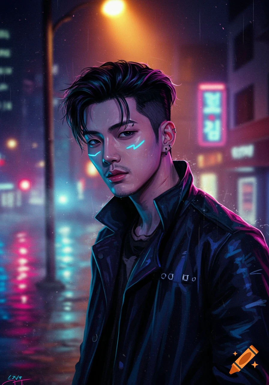 A stylish man with a k-pop hairstyle and glowing blue marks on his face stands in a rainy neon-lit cyberpunk city.