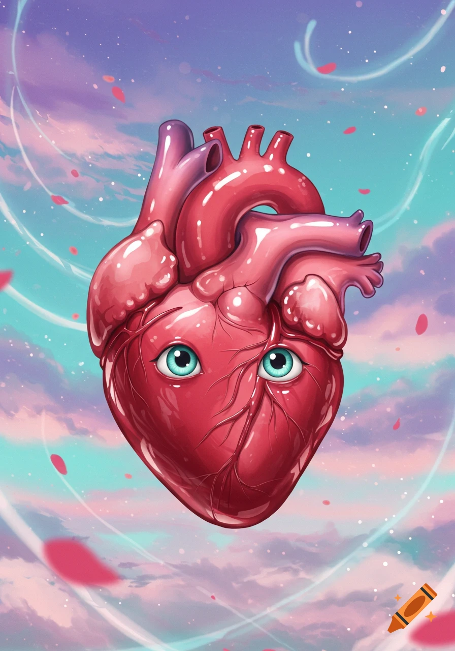 Anime art of a stylized red human heart with vibrant turquoise eyes, floating amidst a pastel pink and blue sky with floating petals.