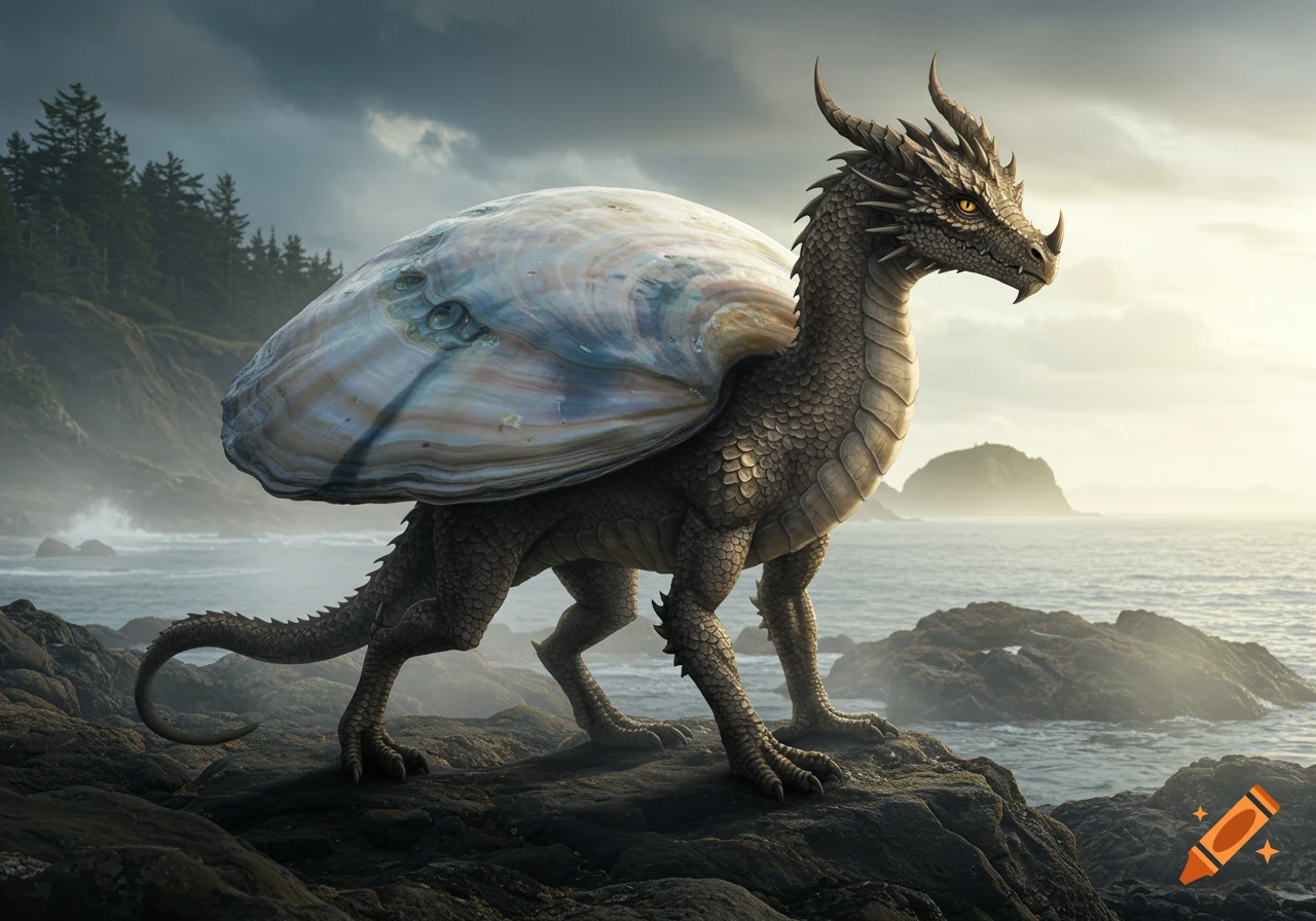 A photorealistic dragon-like creature with an iridescent oyster shell on its back stands on a rocky coast under a dramatic sky.