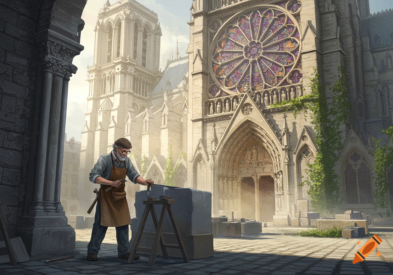 An old stone carver chiseling a large block in front of the Notre Dame de Paris cathedral.