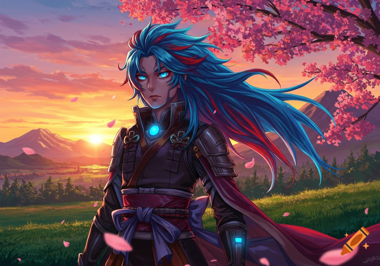 An anime character with long blue and red hair, glowing blue eyes, and armor stands in a field with cherry blossoms under a sunset.