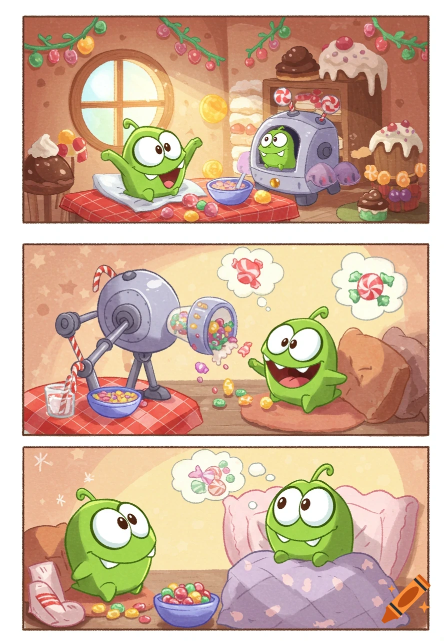 Three-panel cartoon comic of green Om Nom playing with candy and a candy machine in a whimsical, sweet-filled room.