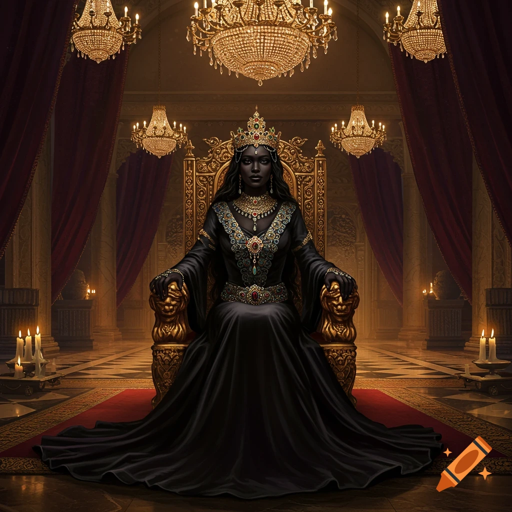 A dark-skinned queen in a jeweled crown and elaborate black gown sits regally on a golden throne in a lavish palace.