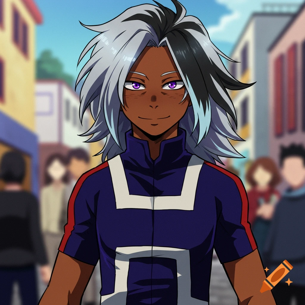 Anime character with dark skin, violet eyes, and spiky black, silver, and blue hair, wearing a My Hero Academia-style uniform in a city.