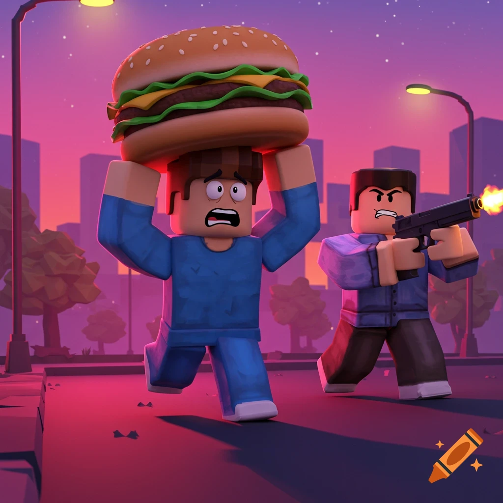A terrified Roblox character runs with a giant hamburger on his head, pursued by another aiming a pistol in a stylized city at sunset.