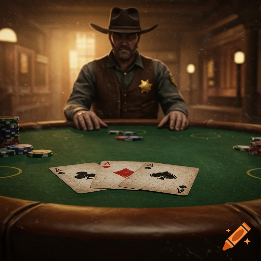 A Western sheriff in a hat sits at a poker table with an Ace of Clubs, Ace of Diamonds, and Ace of Spades face up.