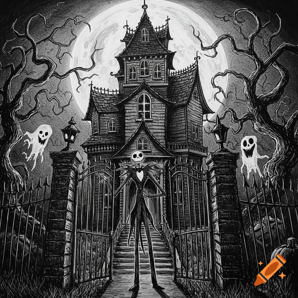 Black and white sketch of Jack Skellington standing in front of a haunted mansion with a full moon, spooky trees, and two ghosts.