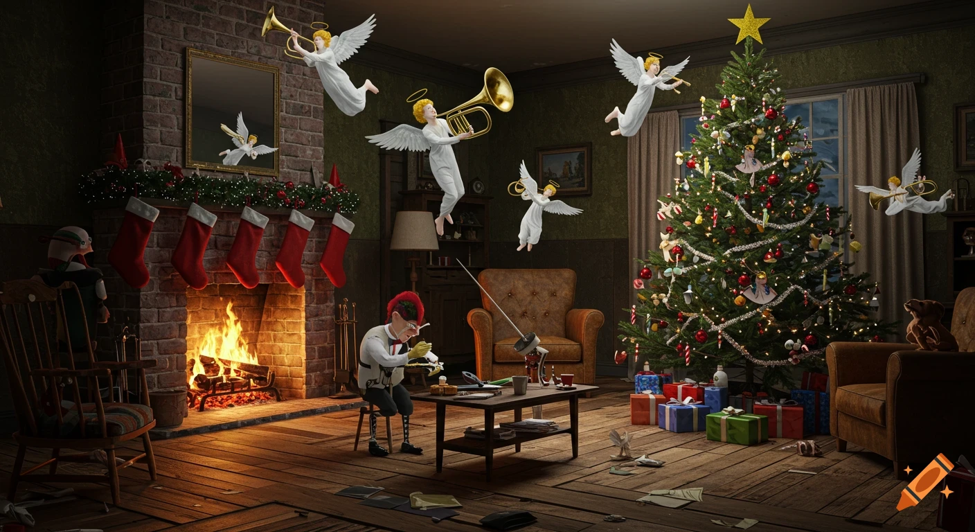 A surreal Christmas living room with angels floating, one man sitting at a table near a fireplace with stockings, and a decorated Christmas tree with gifts.