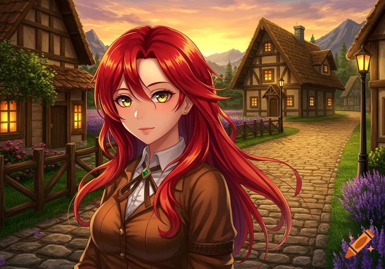 An anime girl with long red hair and yellow eyes stands on a cobblestone path in a charming village at sunset, surrounded by cottages and lavender fields.