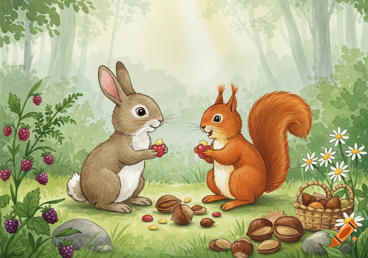 A watercolor illustration of a brown rabbit and a red squirrel sharing berries and nuts in a lush green forest.