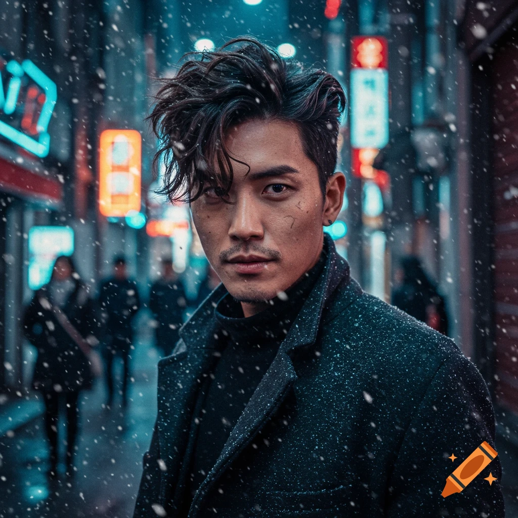 A man with a stylish kpop hairstyle and a dark coat stands in a snowy city street with neon lights.