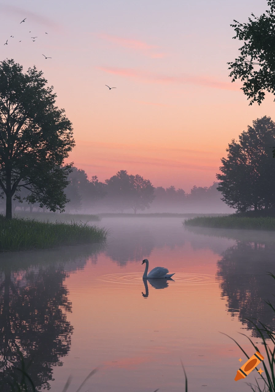 A white swan glides on a misty lake during sunrise, with trees reflecting in the tranquil water under a pink and orange sky.