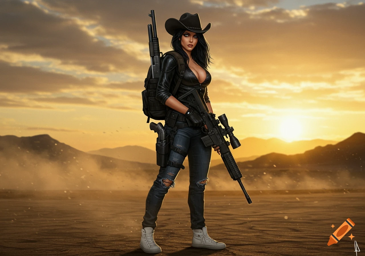 A beautiful female character in a black cowboy hat, leather top, and ripped jeans, carrying a rifle and backpack in a desert sunset.