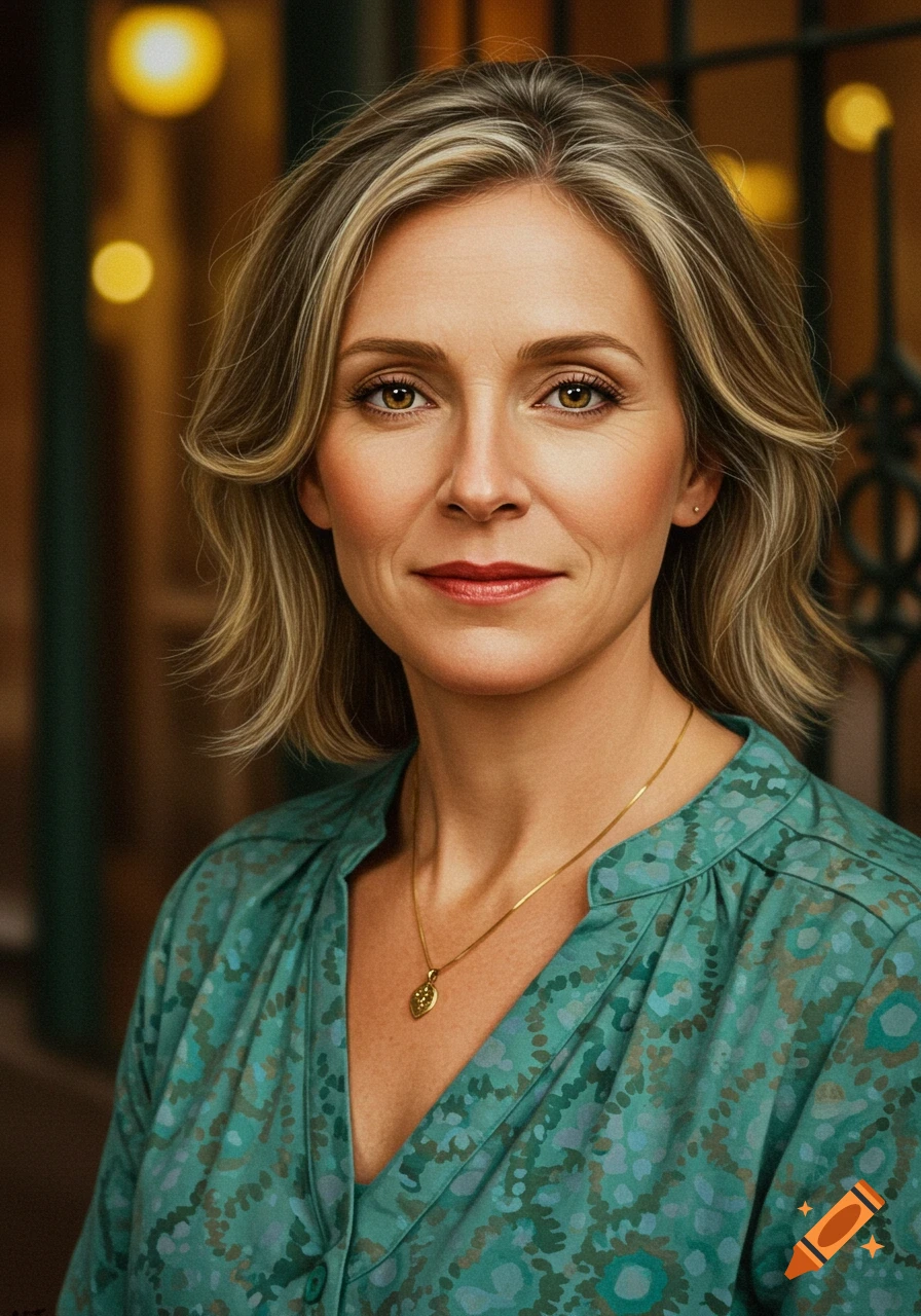 A realistic portrait of a mature woman with blonde and gray hair, green eyes, and a teal patterned blouse, looking directly at the viewer.