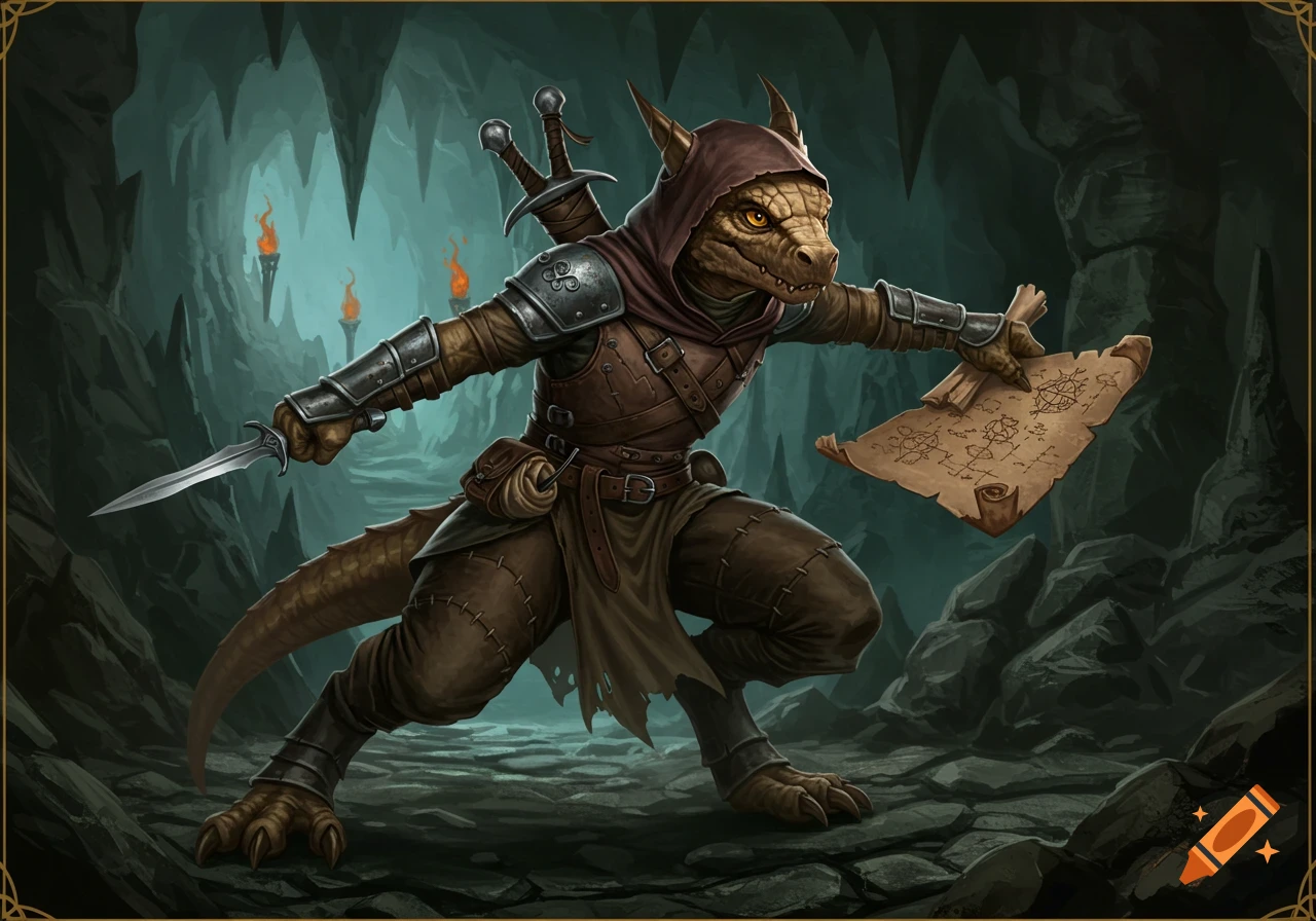 A DND kobold rogue in a hooded cloak holds a dagger and a scroll in a torchlit cave, fantasy art.