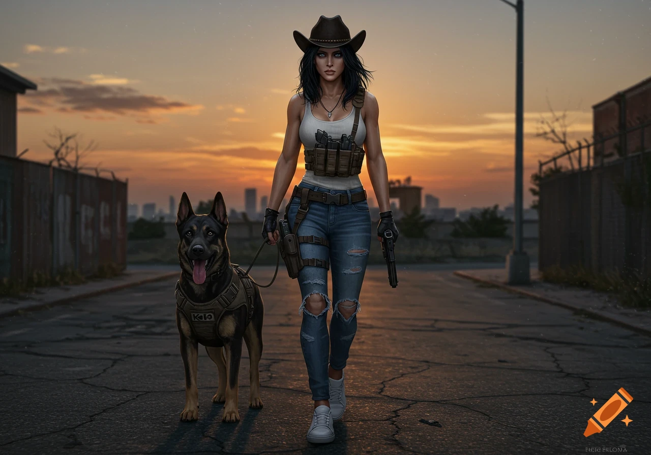 A female character with a cowboy hat and tactical gear walks with a K-19 dog at sunset in an urban setting, in a realistic art style.