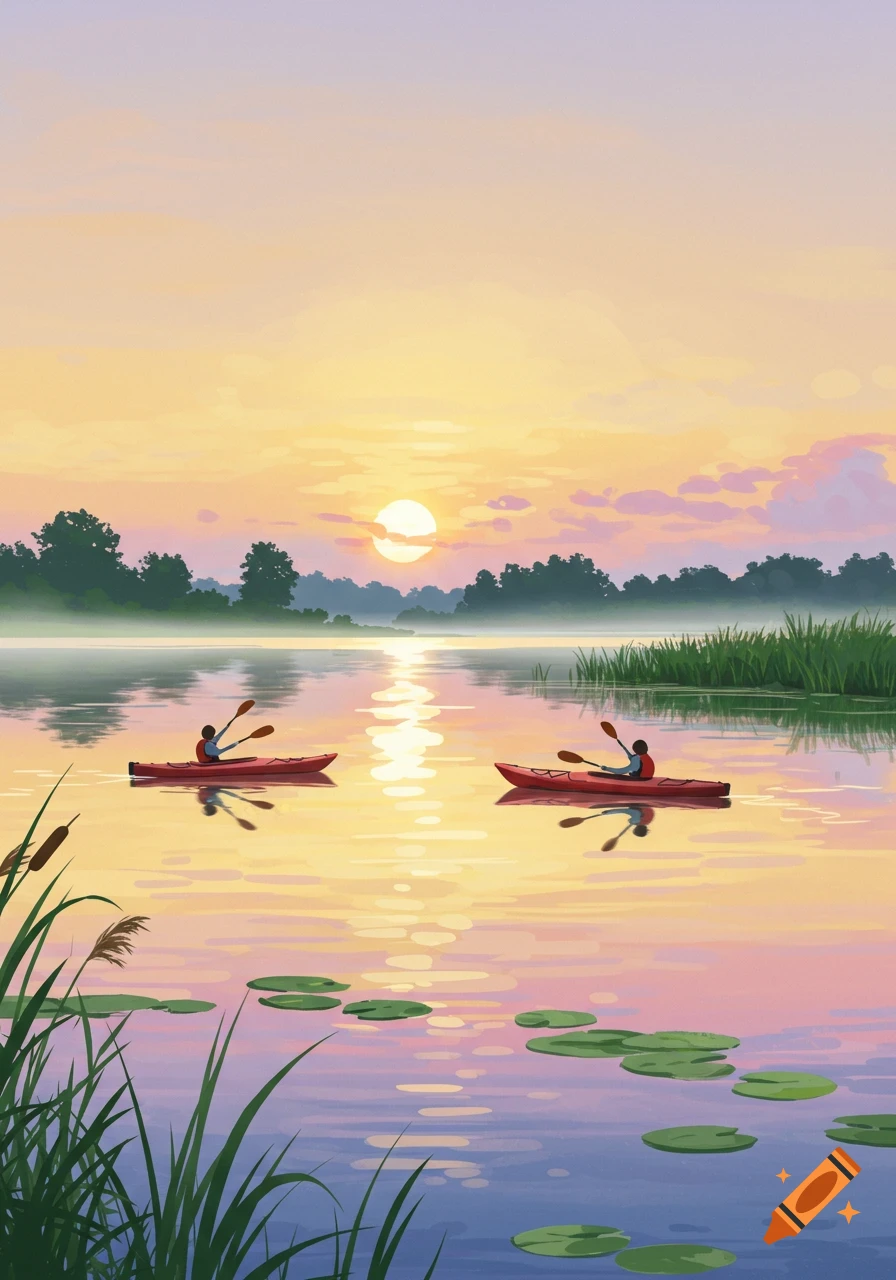 Two people paddle kayaks on a tranquil lake at sunset, surrounded by reeds and lily pads in a serene illustration.