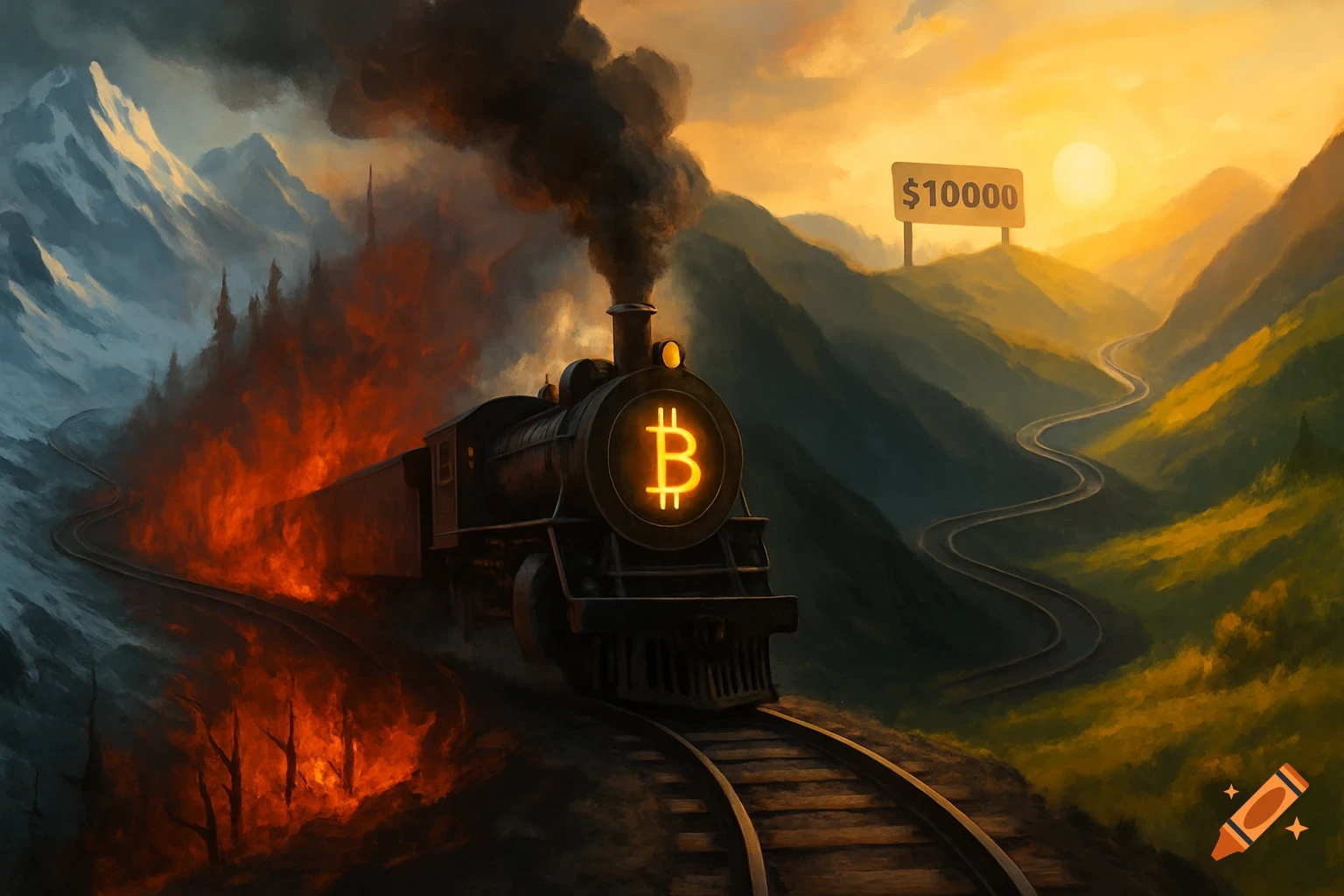Symbolic painting of a Bitcoin train on winding tracks through snowy mountains, fiery forests, and sunlit valleys, towards a "$10000" sign.