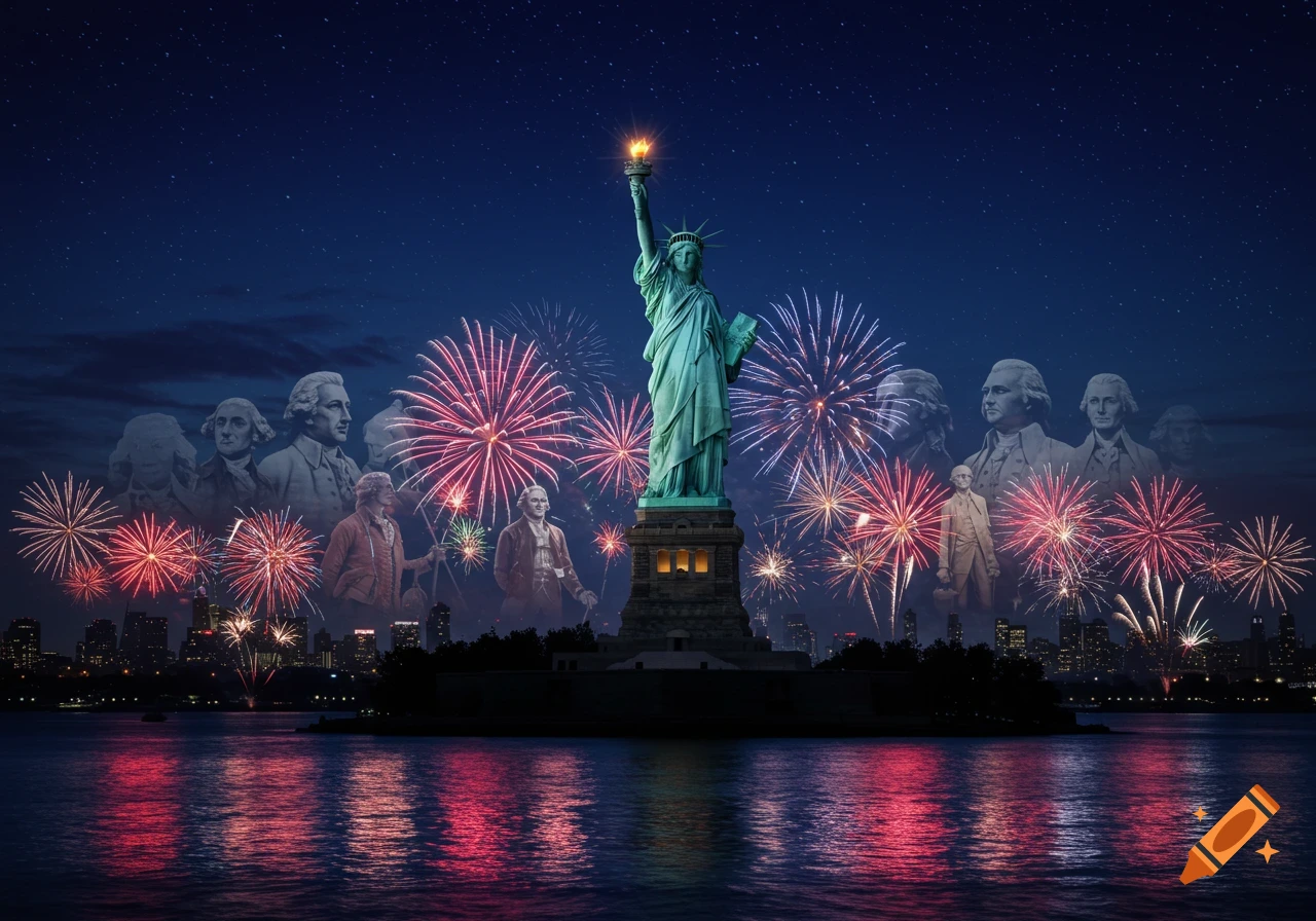 The Statue of Liberty surrounded by colorful fireworks, ghostly Founding Fathers, and a city skyline reflected on water at night.
