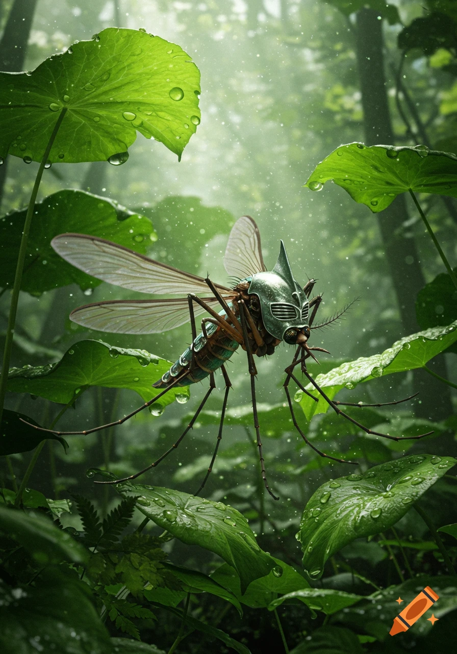A mosquito wearing intricate green armor and a helmet flies through a verdant, dewy jungle.