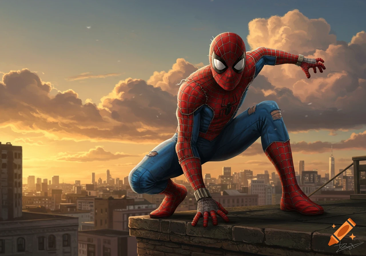 Spiderman in a crouched pose on a rooftop overlooking a cityscape at sunset, wearing a tattered red and blue suit.