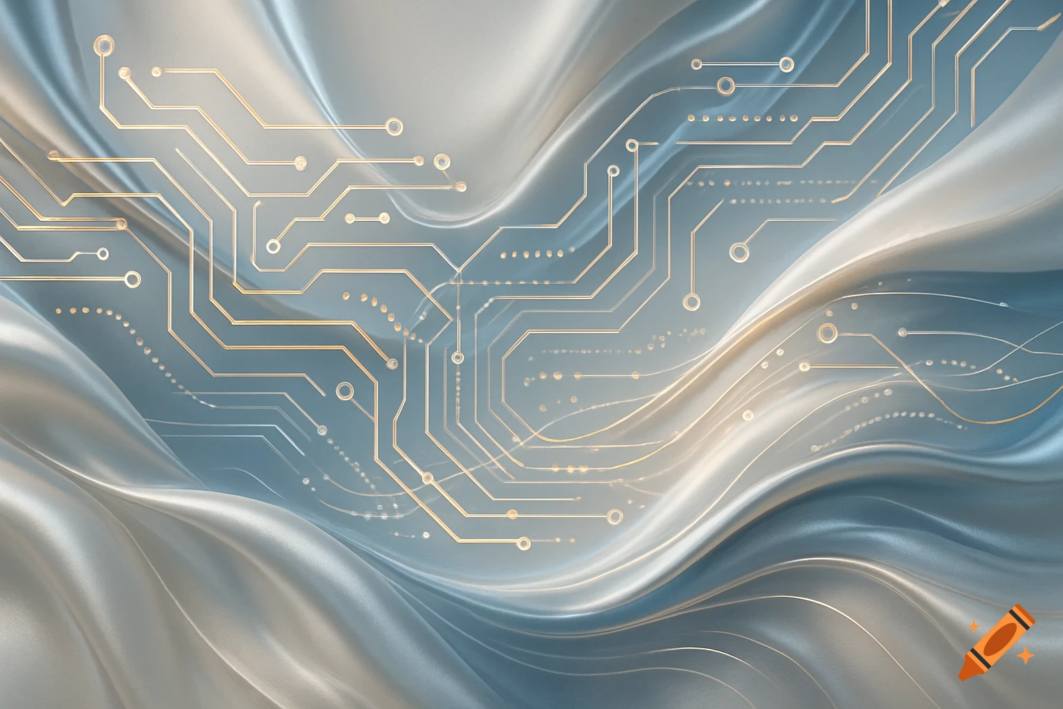 Gold circuit board lines flow over a wavy, ethereal blue and white silken background, evoking digital connections.