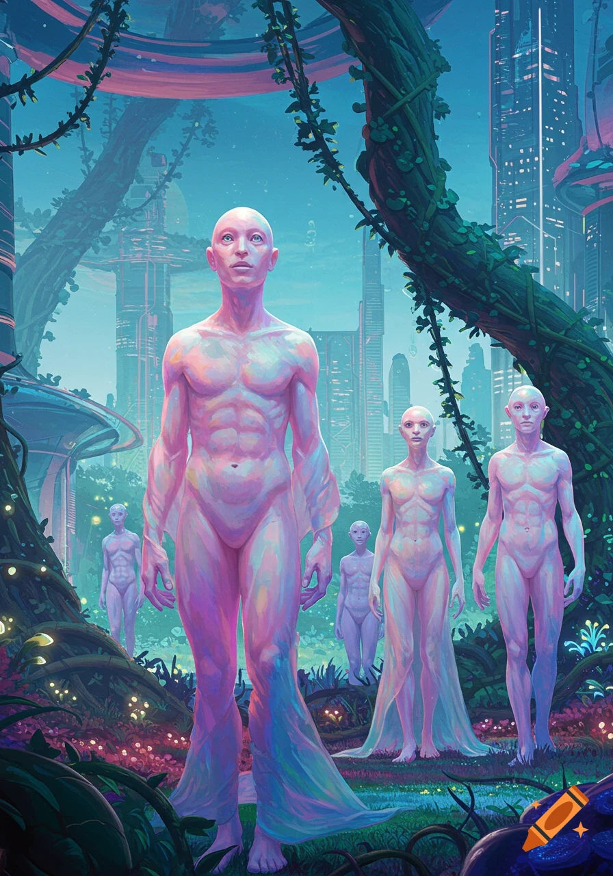 Bald, pastel-skinned humanoids stand amidst glowing flora and massive vines in a futuristic city landscape.