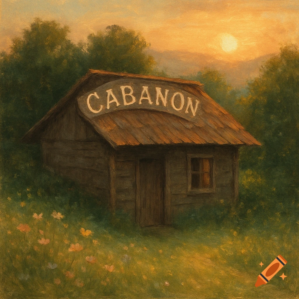 A painterly image of a wooden cabin with 'CABANON' on its roof, nestled in a grassy field with flowers, under a sunset sky.