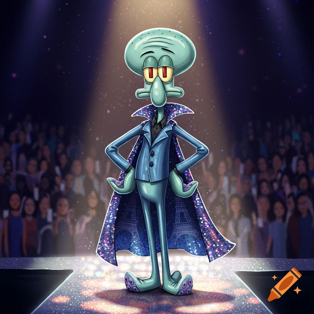 Cartoon Squidward in a sparkly blue suit and cape with Eiffel Tower patterns, posing dramatically on a spotlighted stage.