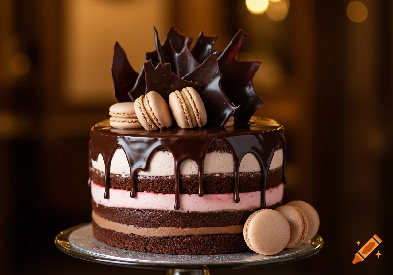 A half-naked chocolate cake with strawberry cream, chocolate drip, chocolate shards, and macarons.