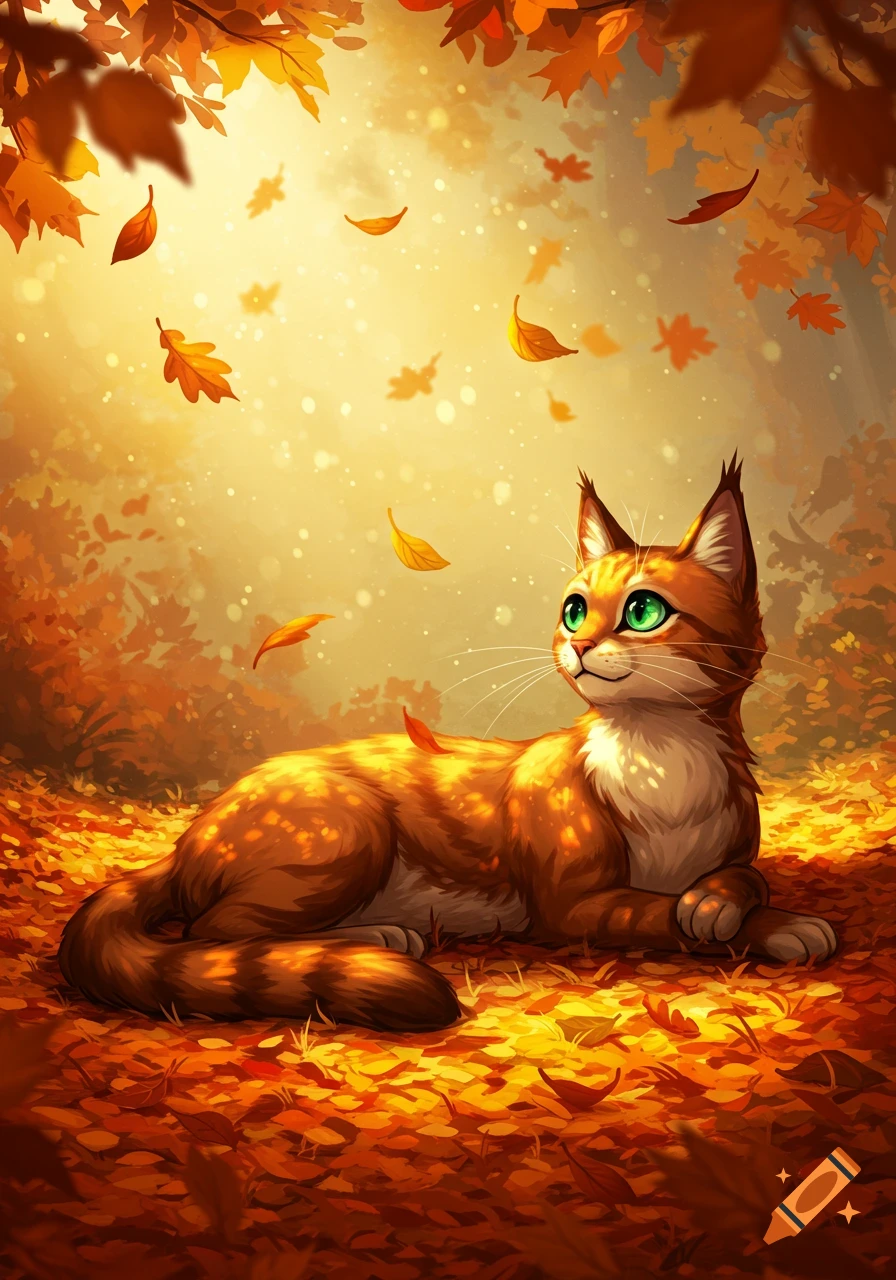 An adorable orange cat with green eyes rests on a bed of autumn leaves with golden light and falling foliage, digital art.