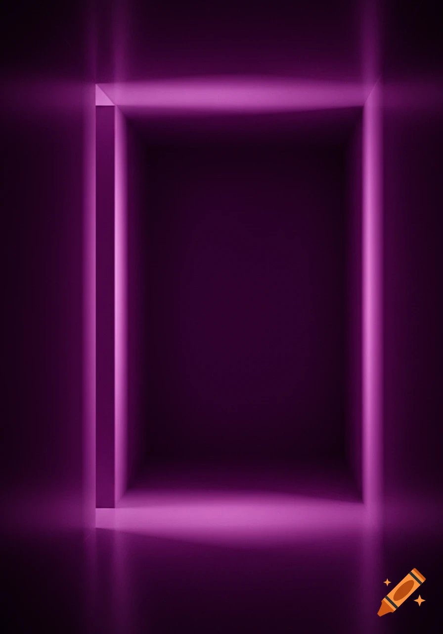 An abstract, dark image featuring a glowing purple rectangular frame with light reflecting on the floor and walls.