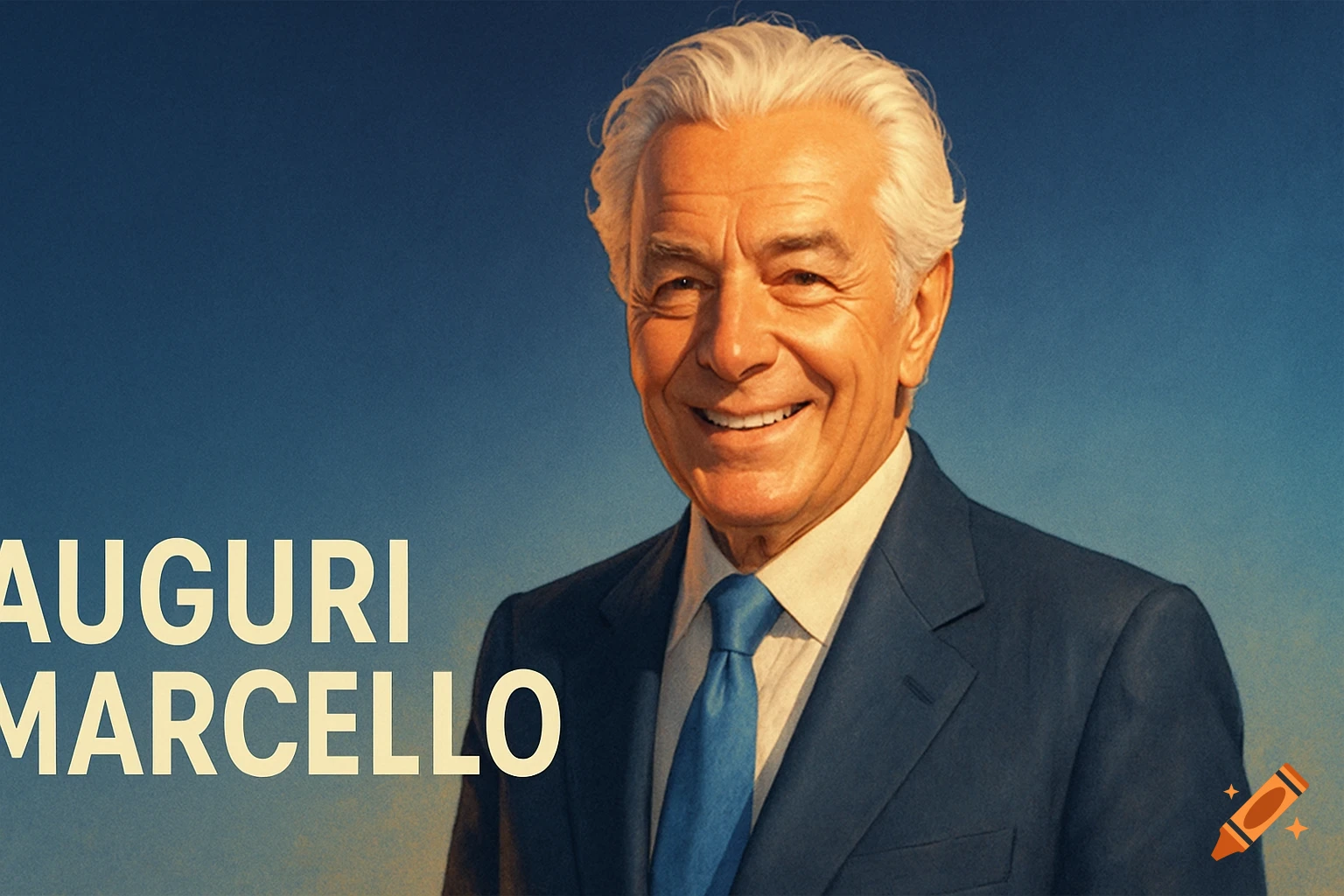 Illustrated portrait of a smiling man with white hair in a blue suit, against a soft blue background, with 'Auguri Marcello'.